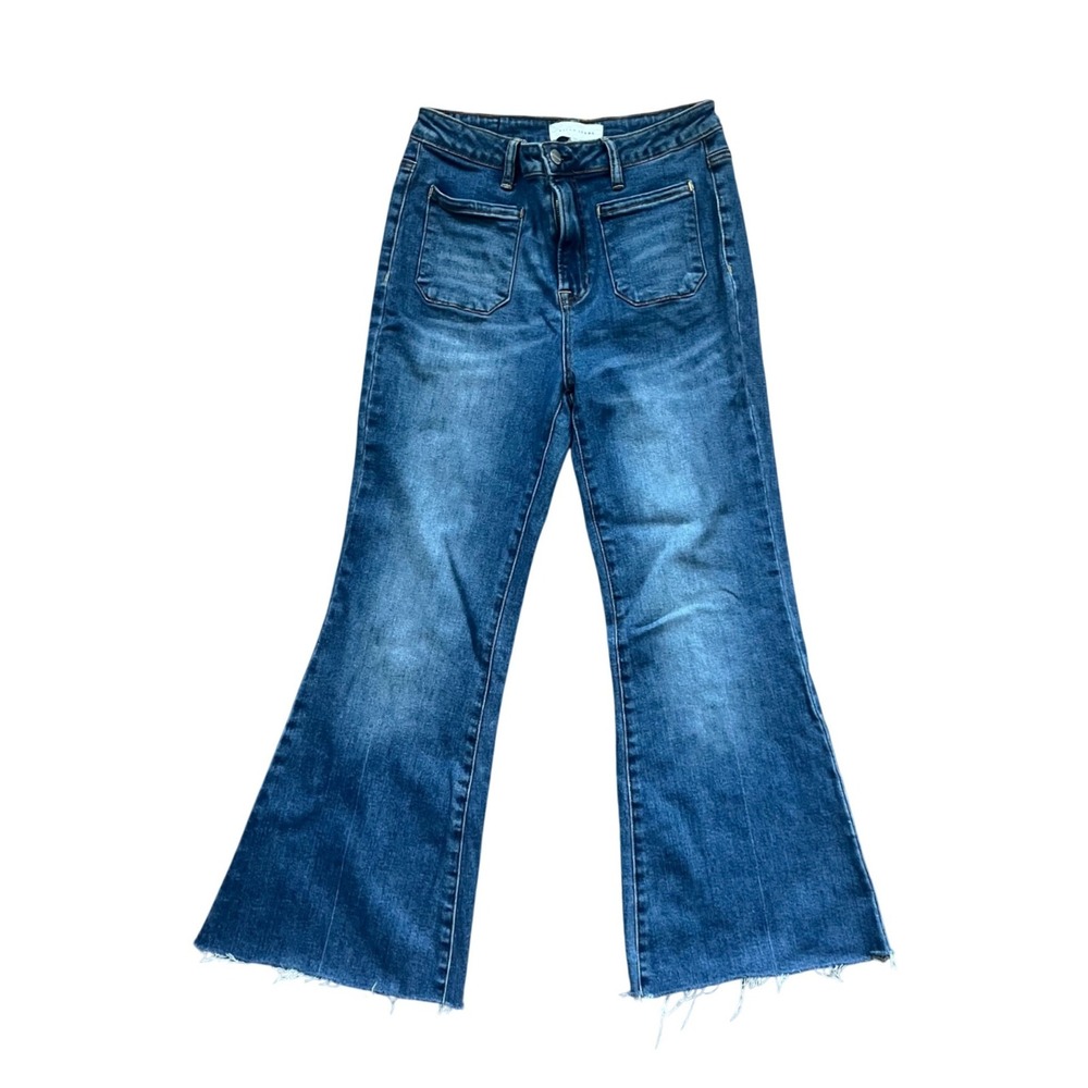 Risen Jeans High Rise Flare Patch Pocket Raw Hem Blue Denim 31" Boho